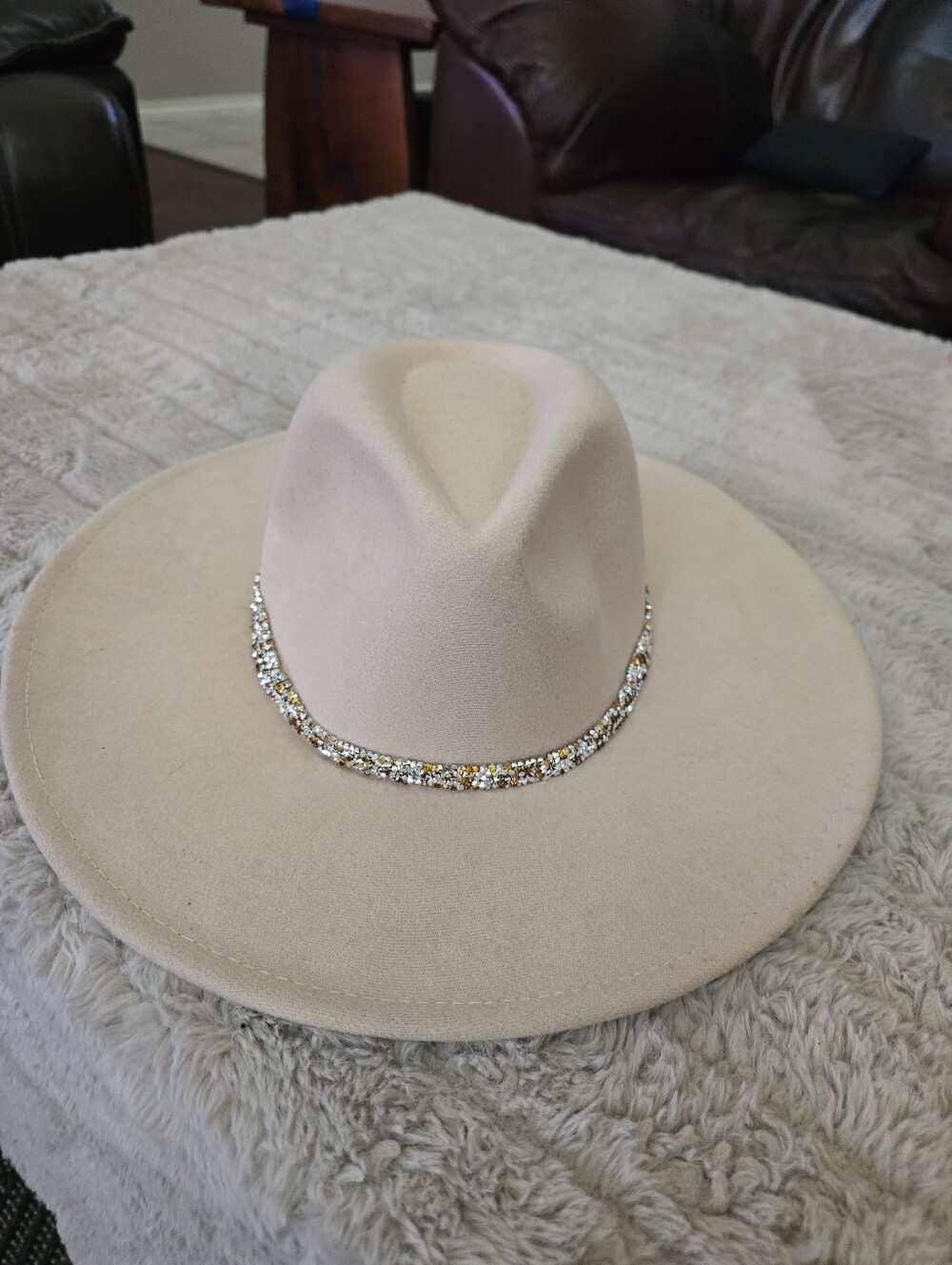 Women's Wide-Brim Felt Hat with Crystal Band in Beige